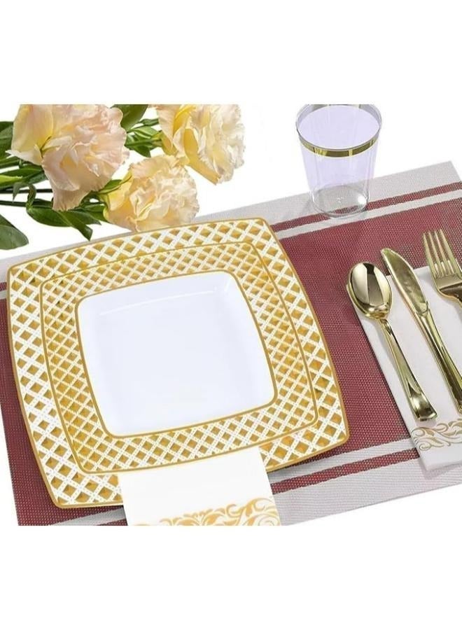 Eoptify Disposable Tableware set  25 Guest Fancy Disposable Party plates Set, disposable Dinner Set Kitchen Set (White & Gold) 200 pcs - Image 4